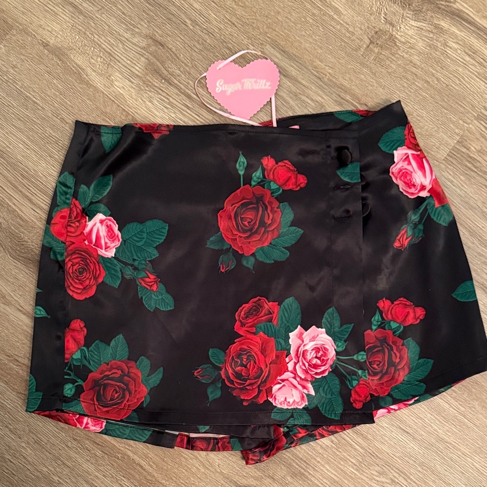 Sugar Thrillz Black Skirt with Red and Pink Roses
